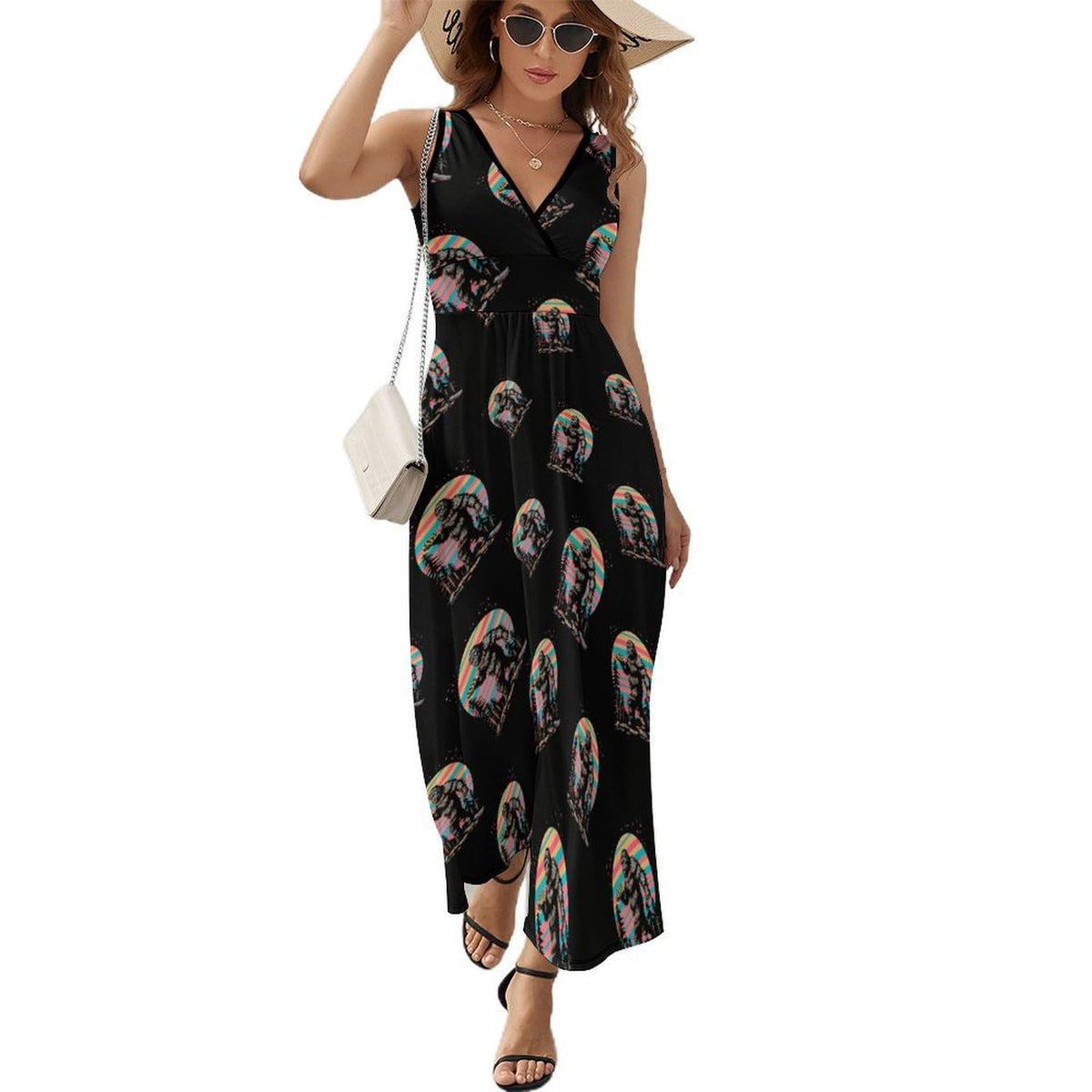 Robe longue sans manches à imprimé pizza Bigfoot LGBTQ Sasquatch pour femme, col V, style débardeur.