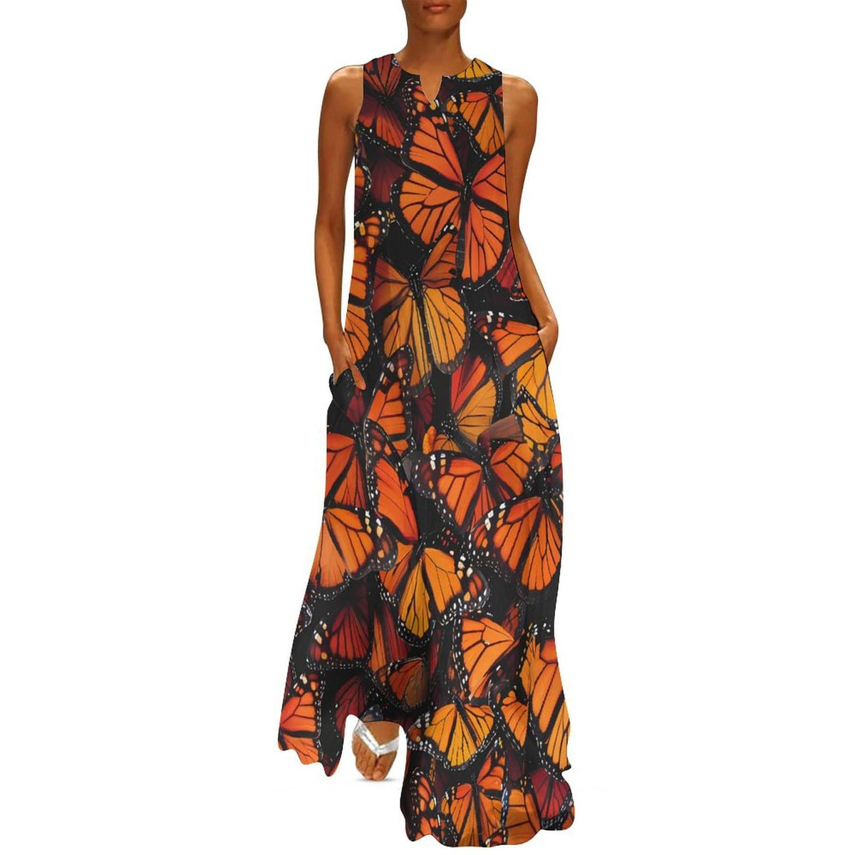Robe longue maxi d'été sans manches à bretelles, motif papillon monarque, pour femme.