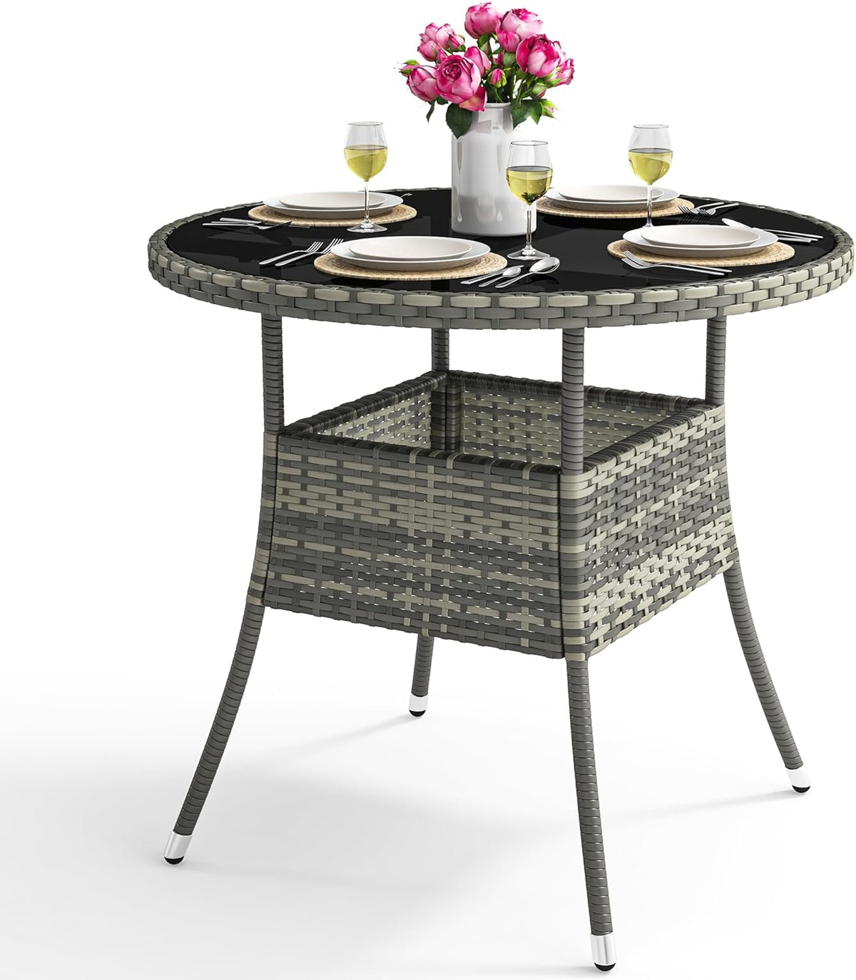 Table de jardin ronde YITAHOME pour 4 personnes, 80 cm de diamètre, dotée de plateau en verre facile à nettoyer. Table bistro ronde en rotin résistant aux intempéries, idéale pour terrasse, porche ou piscine. Couleur : gris.