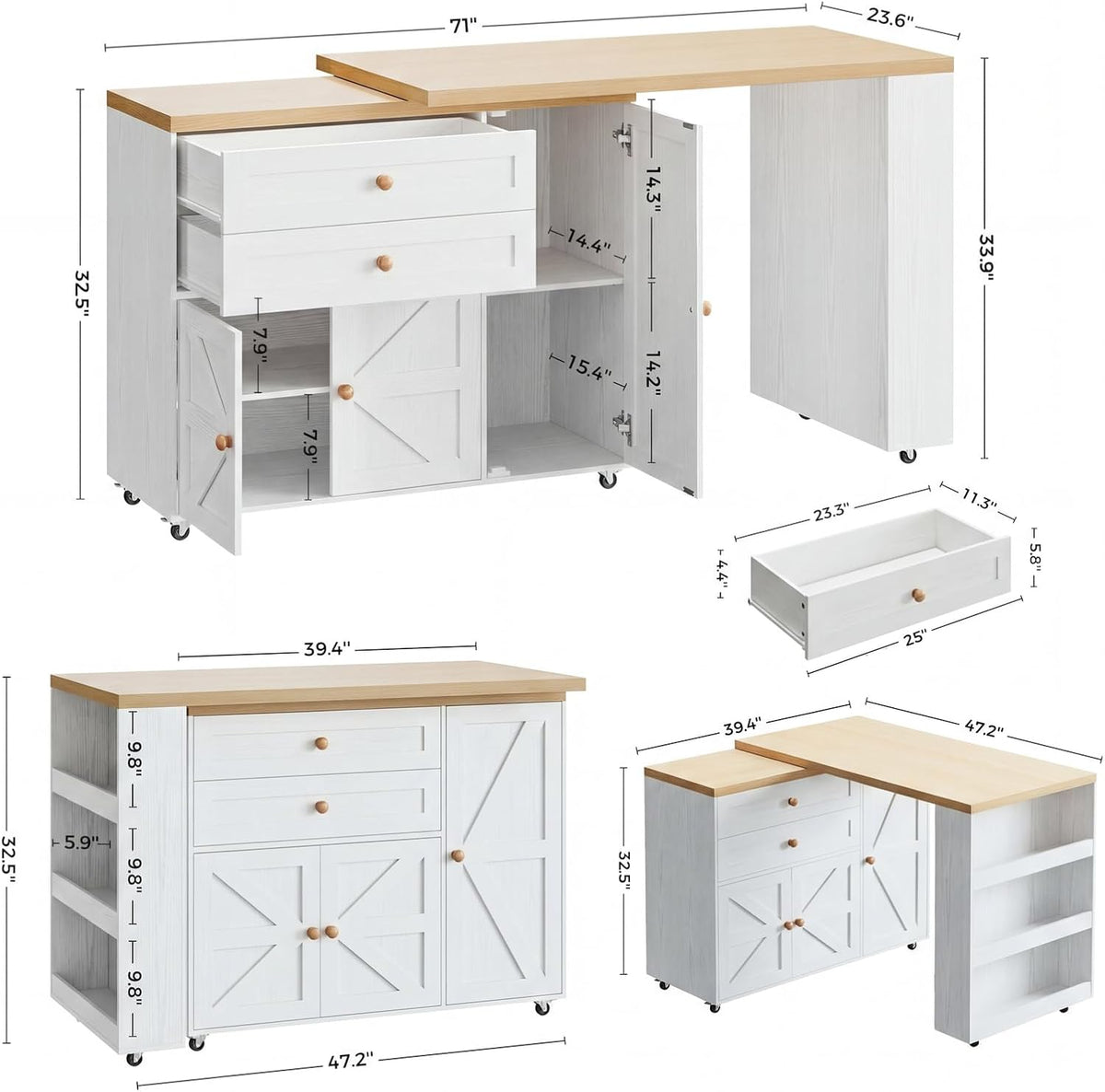 Îlot de cuisine mobile IRONCK dotée de rangement, chariot de cuisine de 180 cm avec 3 étagères et tiroirs, plateau pivotant à 360° et porte-épices, blanc