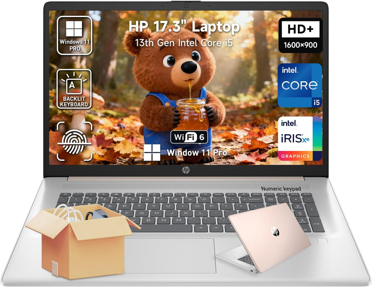 Ordinateur compact portable HP 17 : grand écran HD+ de 17,3 pouces, idéal pour les professionnels. Processeur Intel Core i5 de 13e génération (10 cœurs), Windows 11 Pro, clavier rétroéclairé, lecteur d'empreintes digitales, finition or rose, 32 Go