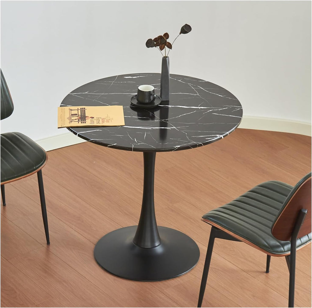Table de salle à manger ronde, table tulipe circulaire de 80 cm dotée de plateau épais et pied en métal, table bistro moderne du milieu du siècle pour cuisine, petits espaces, salon, café (motif marbre noir)