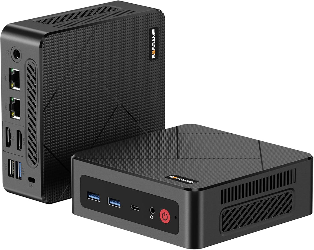 Mini PC BOSGAME E4 : mini-ordinateurs doté de processeur AMD Ryzen 5 3550H, 16 Go de RAM DDR4, SSD PCIe de 512 Go, double port RJ45, triple affichage 4K, USB-C, USB 3.2, Wi-Fi 5/Bluetooth 5.0. Ordinateurs de bureau au format compacts pour le bureau…