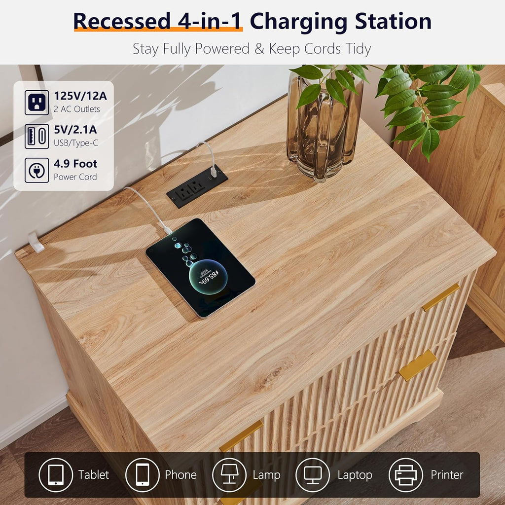 Classeur à deux tiroirs JXQTLINGMU dotée de station de charge, classeur latéral cannelé 30 pouces avec tringle de suspension pour dossiers format lettre/légal/A4, grand plateau pour imprimante, meuble de bureau en bois pour imprimante, chêne