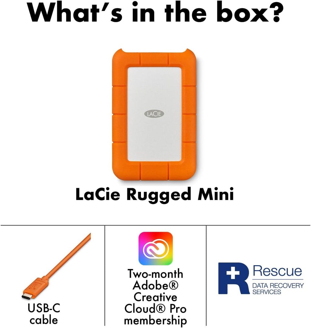LaCie Rugged Mini, 1 To, 2,5 pouces, disque dur externe portable, pour PC, Mac, iPad et iPhone, service de récupération de données (LAC301558) pratique