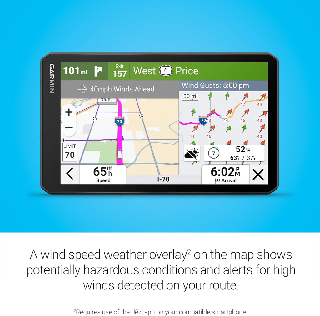 GPS Garmin dezl OTR720 écran généreux 7 pouces : Navigation personnalisée pour camions, imagerie satellite, vitesse du vent, quais de chargement et parkings partagés.