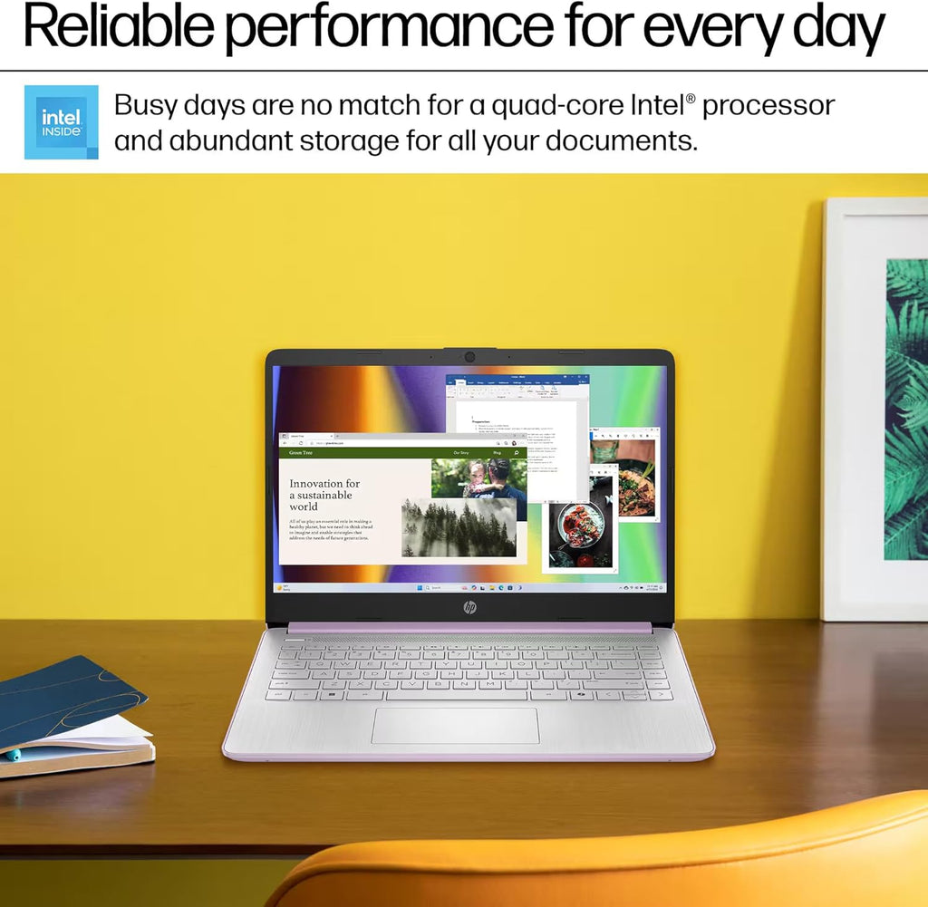 Ordinateur compact portable HP 14 (2025-2026) : Professionnel, Étudiant, Copilot AI, Suite Office à vie, Processeur Intel quadricœur, 16 Go de RAM, 628 Go de stockage (128 Go UFS + 500 Go d'extension), Wi-Fi 6, Autonomie de plus de 10 heures