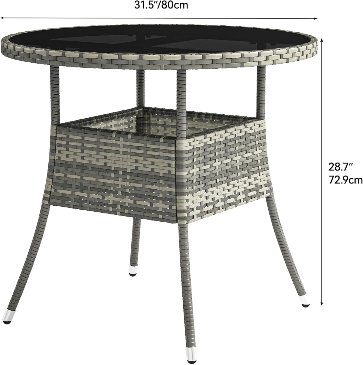 Table de jardin ronde YITAHOME pour 4 personnes, 80 cm de diamètre, dotée de plateau en verre facile à nettoyer. Table bistro ronde en rotin résistant aux intempéries, idéale pour terrasse, porche ou piscine. Couleur : gris.