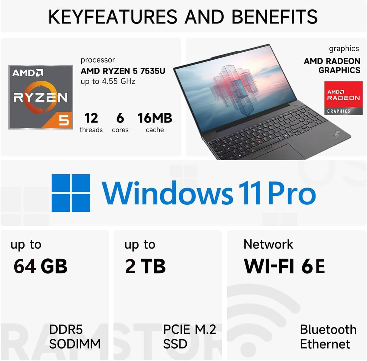 Ordinateur compact portable professionnel Lenovo ThinkPad E16 : écran tactile antireflet FHD+ 16 pouces, processeur AMD Ryzen 5 7535U, 32 Go de RAM DDR5, SSD de 1 To, Wi-Fi 6E, lecteur d’empreintes digitales, webcam rétroéclairée, Windows 11 Pro et