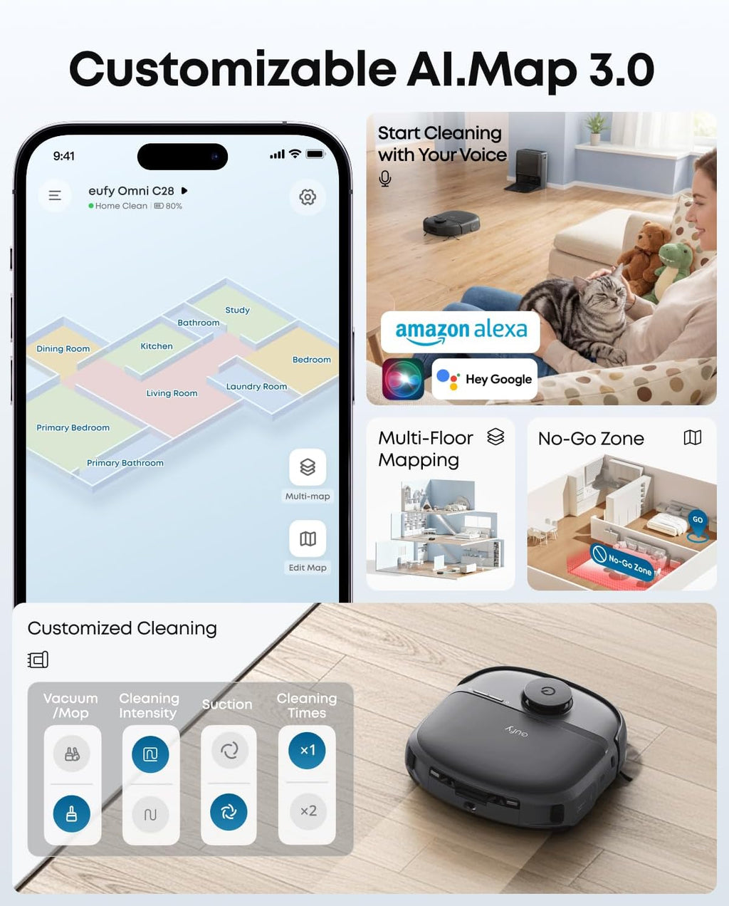 Aspirateur robot eufy C28 pour poils d'animaux, aspiration de 15 000 Pa, rouleau de nettoyage autonettoyant HydroJet™, brosse anti-emmêlement DuoSpiral, station de vidage automatique tout-en-un, détection d'obstacles par IA – Modèle pratique