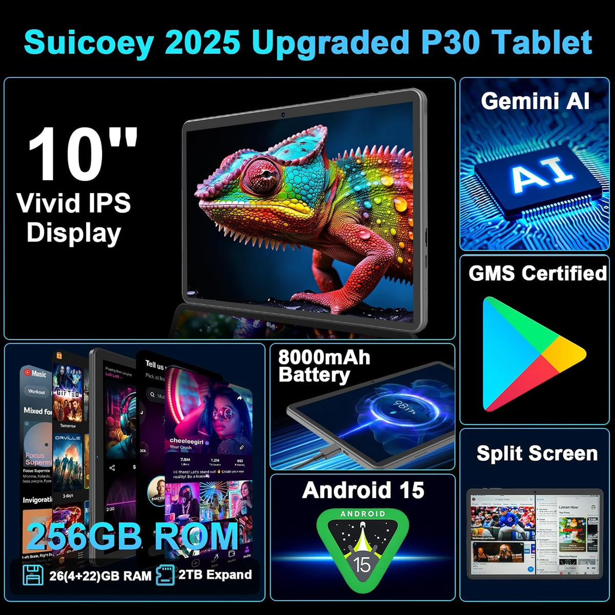 Tablette tactile Suicoey 2026 avec clavier, 26 Go + 256 Go (extensible à 2 To), tablette Android 15 de 10 pouces avec processeur Octa Core, intelligence artificielle Gemini, Wi-Fi 5G, batterie de 8 000 mAh, Bluetooth 5.0, tablette IA 2 en 1 avec étui