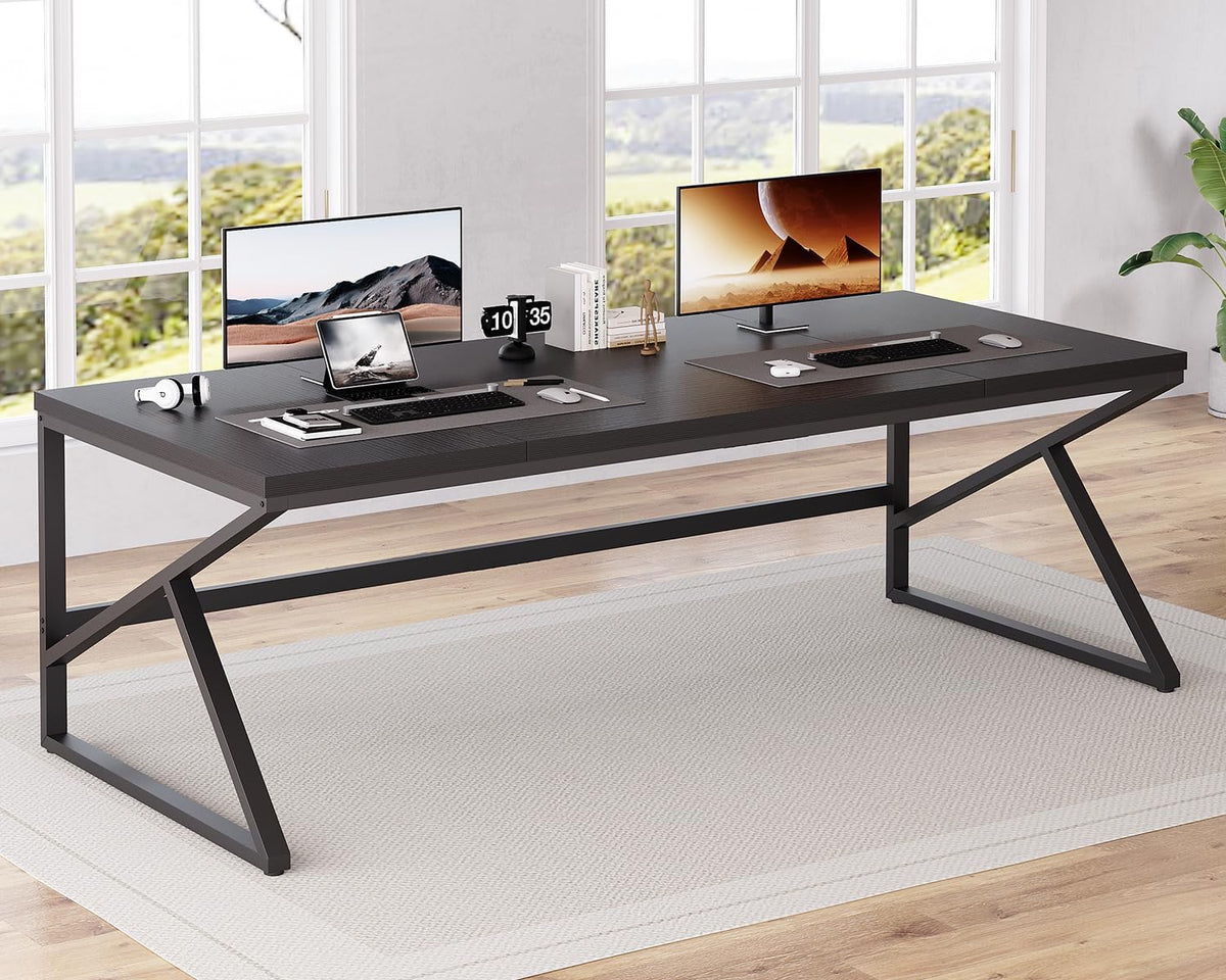 Bureau d'ordinateur HSH extra long noir, 198 cm (78 pouces), grand bureau pour deux personnes à domicile, style industriel, en métal et bois, idéal pour le travail de direction, l'écriture et les études. Table moderne noire pour PC compact portable