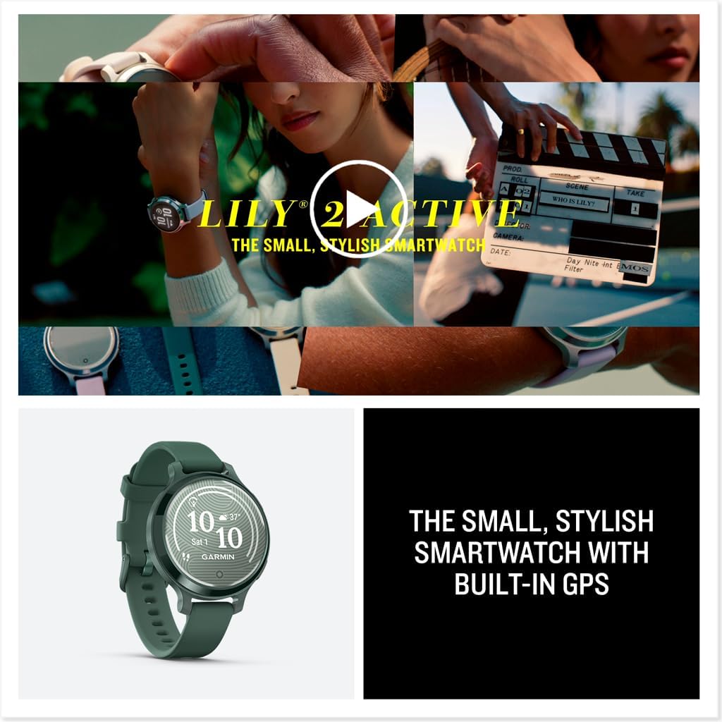 Présentation : Montre connectée Garmin Lily® 2 Active, petite et élégante, avec GPS intégré, écran dissimulé, verre à motifs, jusqu'à 9 jours d'autonomie, coloris vert jaspe et bracelet en silicone vert jaspe.