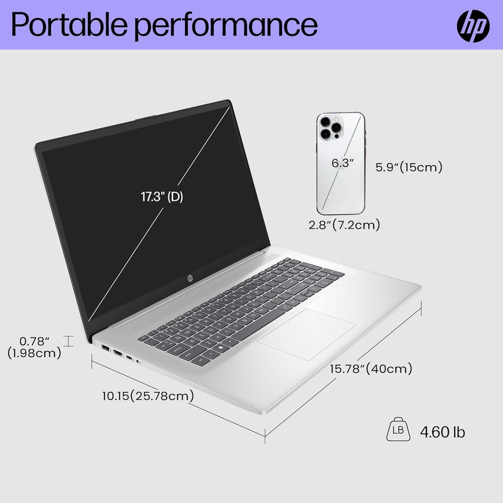Ordinateur compact portable HP 17,3 pouces pour particuliers, étudiants et professionnels. Abonnement à vie à Office 365 pour le Web. Écran tactile 17,3 pouces. Processeur Intel 8 cœurs avec Copilot. 8 Go de RAM. Disque dur eMMC 128 Go. Cache de