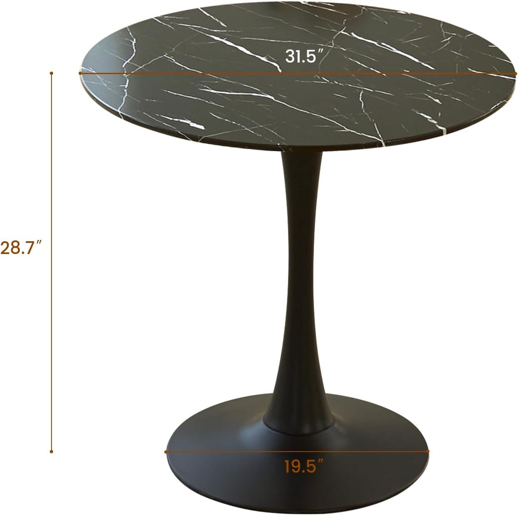 Table de salle à manger ronde, table tulipe circulaire de 80 cm dotée de plateau épais et pied en métal, table bistro moderne du milieu du siècle pour cuisine, petits espaces, salon, café (motif marbre noir)