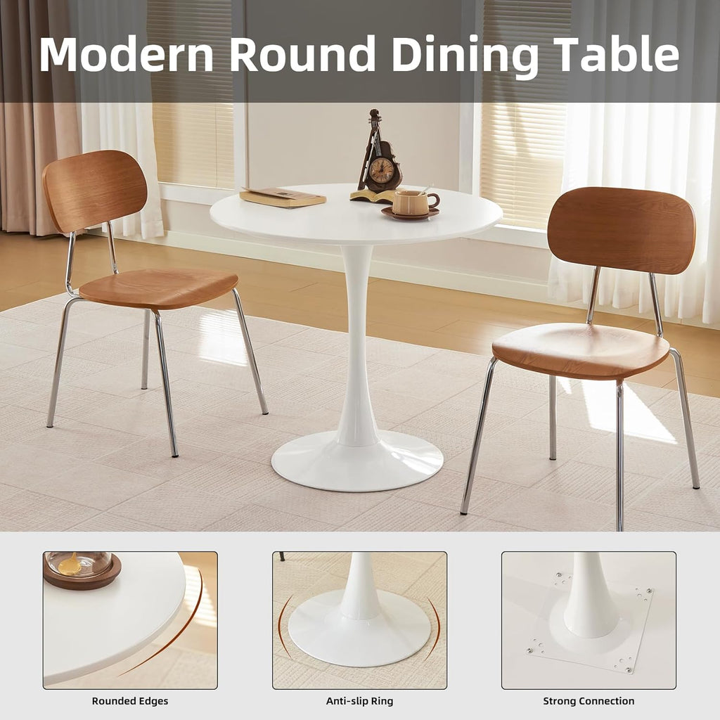 Table de salle à manger ronde, table tulipe circulaire de 80 cm dotée de plateau épais et pied en métal, table bistro moderne du milieu du siècle pour cuisine, petits espaces, salon, café (blanche)