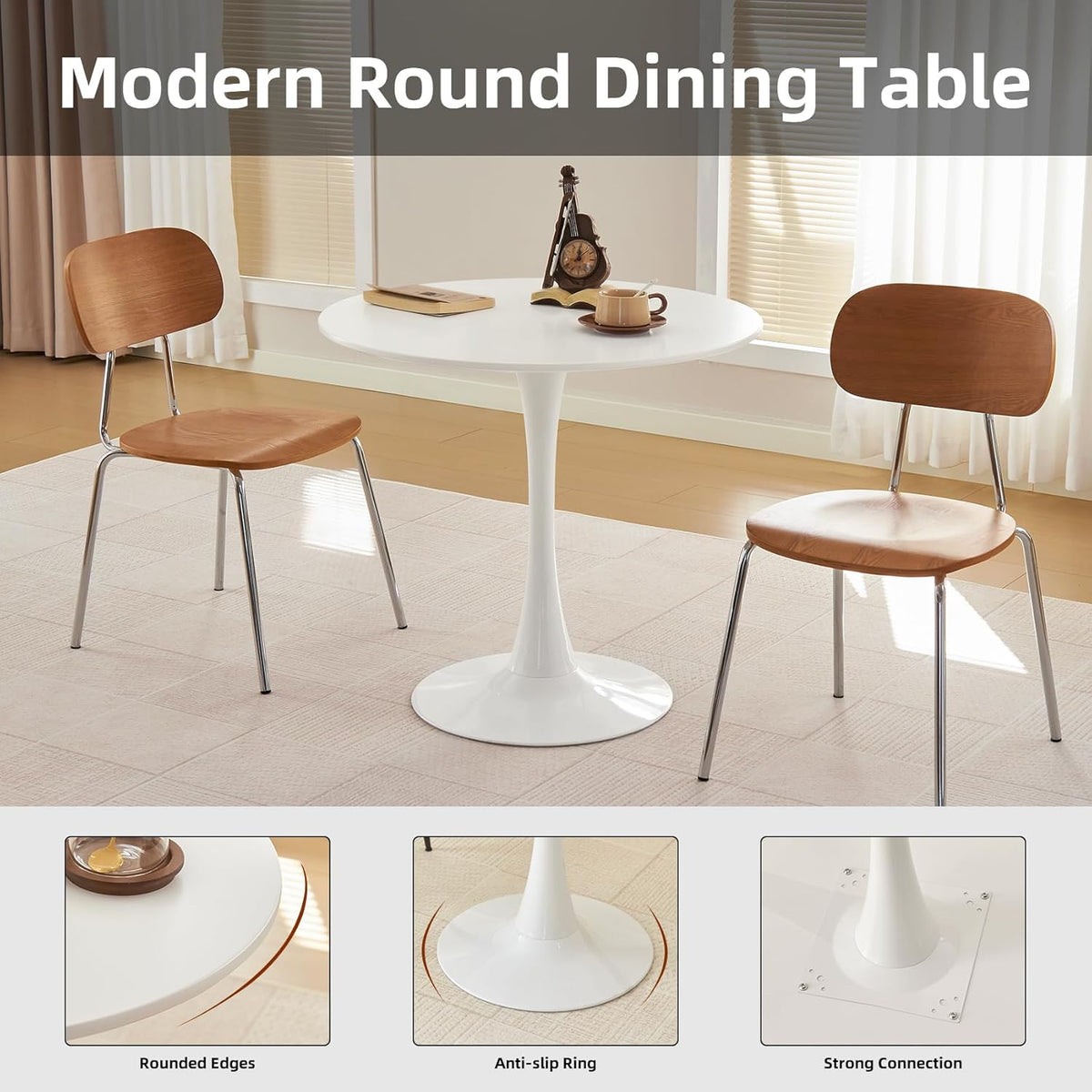 Table de salle à manger ronde, table tulipe circulaire de 80 cm dotée de plateau épais et pied en métal, table bistro moderne du milieu du siècle pour cuisine, petits espaces, salon, café (blanche)