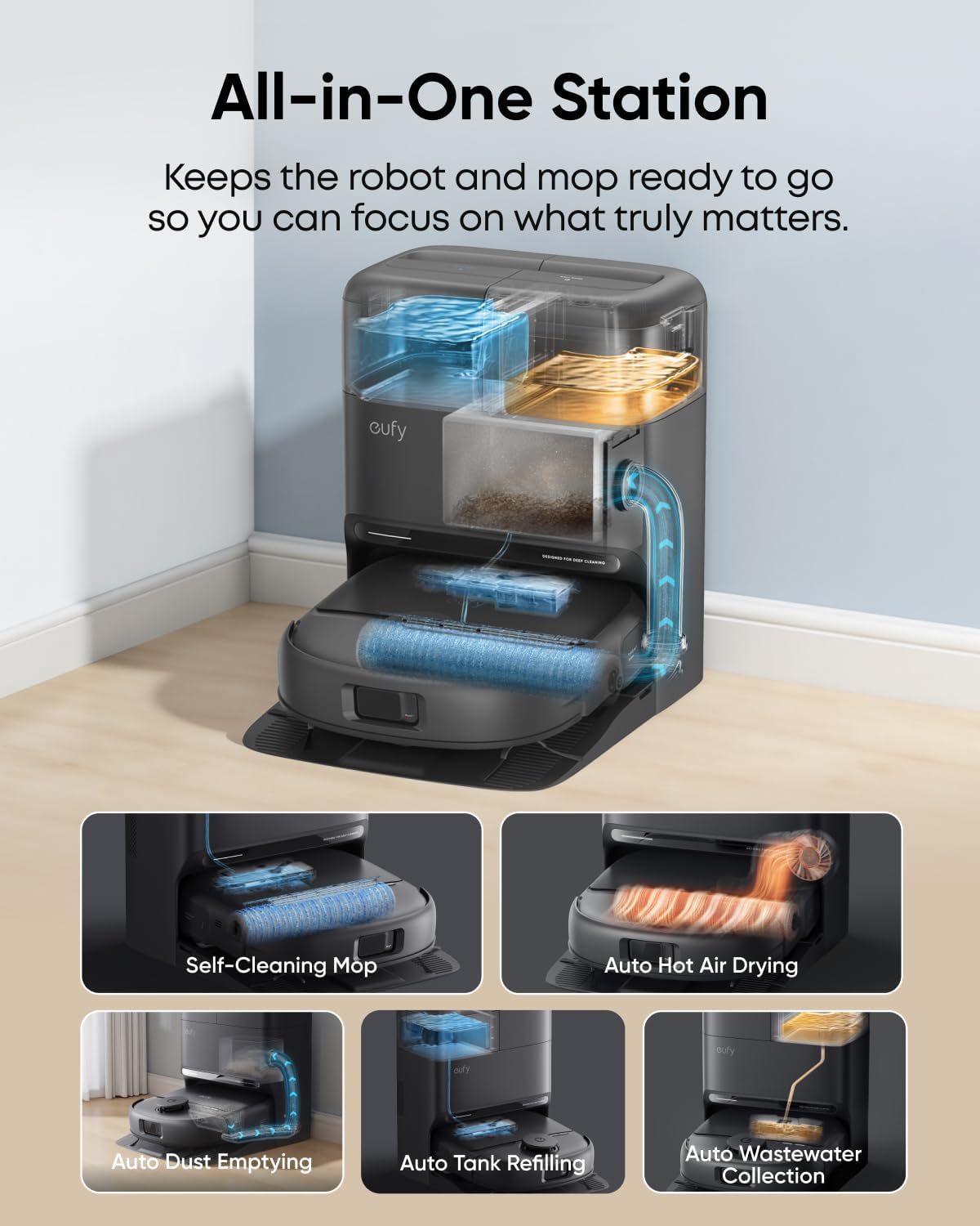 Aspirateur robot eufy C28, balai à franges autonettoyant HydroJet™, brosse démêlante DuoSpiral™, aspiration turbo haute puissance de 15 000 Pa, aspirateur robot tout-en-un – Modèle pratique