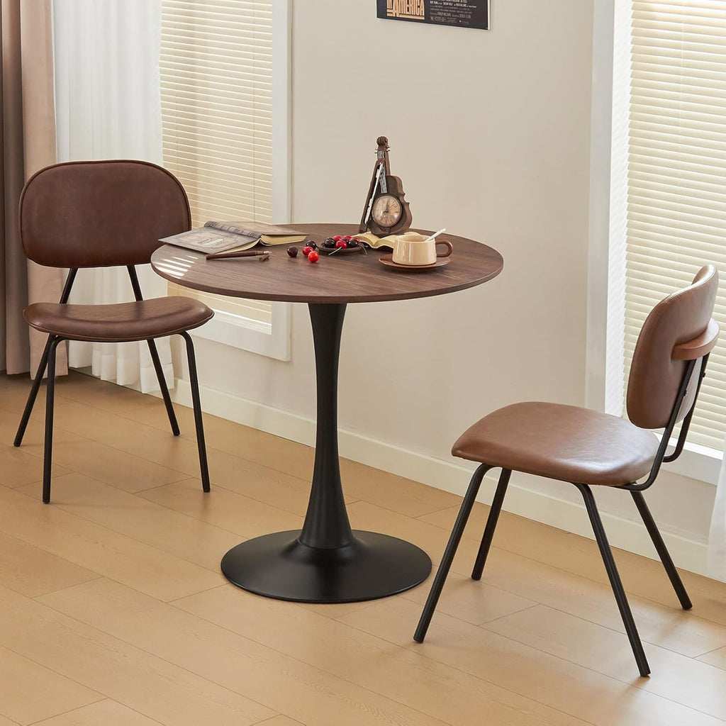 Table de salle à manger ronde, table tulipe circulaire de 80 cm dotée de plateau épais et pied en métal, table bistro moderne du milieu du siècle pour cuisine, petits espaces, salon, café (imitation noyer)