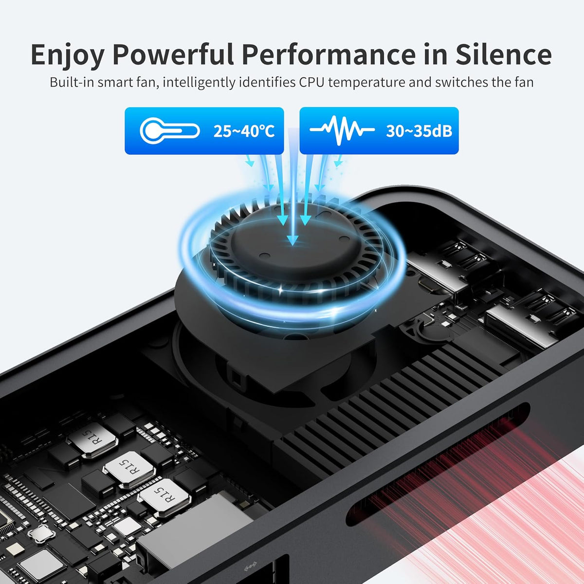 Mini PC DreamQuest Mini Plus doté de Windows 11 Pro préinstallé, processeur Intel N95 (allant jusqu'à 3,4 GHz), 12 Go de RAM DDR5, SSD de 512 Go, 2 ports USB-C, 2 ports HDMI, 4 ports USB 3.2, Wi-Fi 6, Bluetooth 5.3 et compatibilité 4K 60 Hz.
