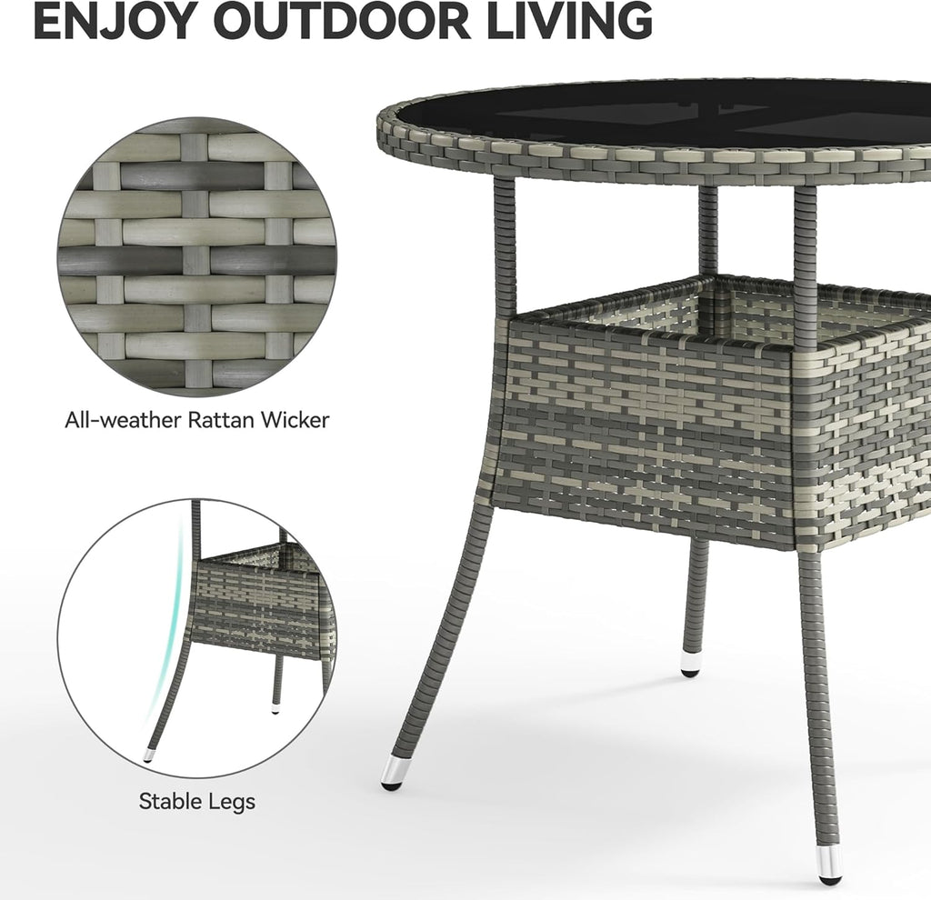 Table de jardin ronde YITAHOME pour 4 personnes, 80 cm de diamètre, dotée de plateau en verre facile à nettoyer. Table bistro ronde en rotin résistant aux intempéries, idéale pour terrasse, porche ou piscine. Couleur : gris.