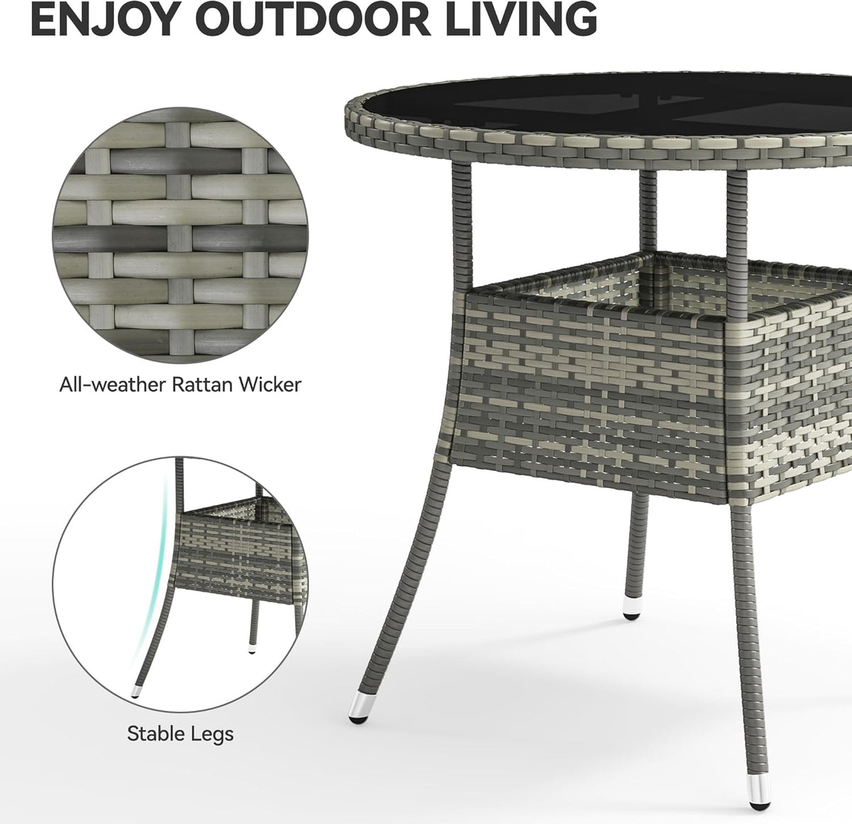 Table de jardin ronde YITAHOME pour 4 personnes, 80 cm de diamètre, dotée de plateau en verre facile à nettoyer. Table bistro ronde en rotin résistant aux intempéries, idéale pour terrasse, porche ou piscine. Couleur : gris.