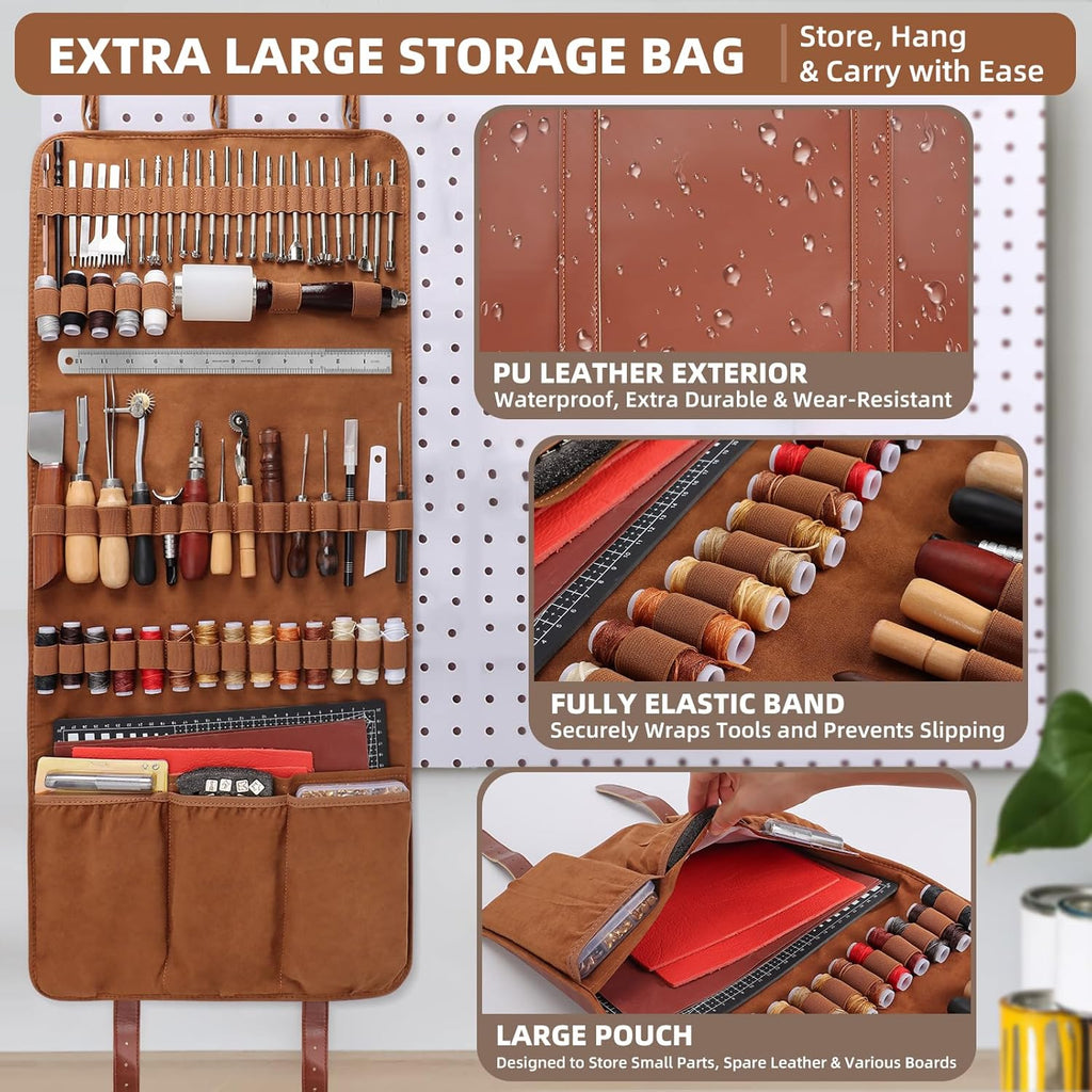 Kit d'outils pour un usage professionnel du cuir : ensemble complet incluant un tablier, des tapis de découpe, des outils de marquage, de gravure, de poinçonnage, de couture et de ponçage pour la fabrication et la réparation du cuir. adapté à les…