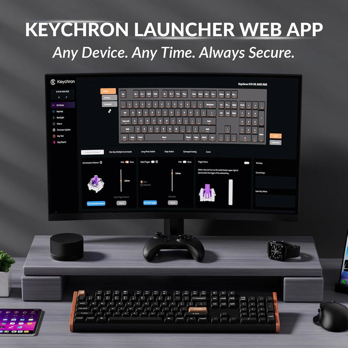 Clavier Keychron K10 HE à effet Hall, commutateurs magnétiques Gateron à double rail Nebula, clavier à connectivité sans fil tri-mode pleine taille doté de déclenchement réactif, activation réglable, RGB, châssis en aluminium et bois