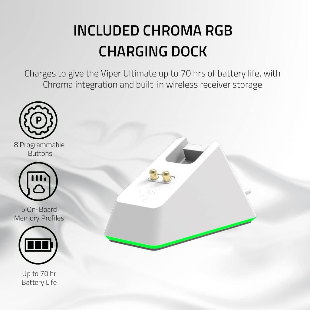 Souris gaming à connectivité sans fil ultra-légère Razer Viper Ultimate et station de charge RGB : Technologie à connectivité sans fil Hyperspeed - Capteur optique 20 000 DPI - Poids plume de 74 g - Autonomie de 70 h - Blanc mercure