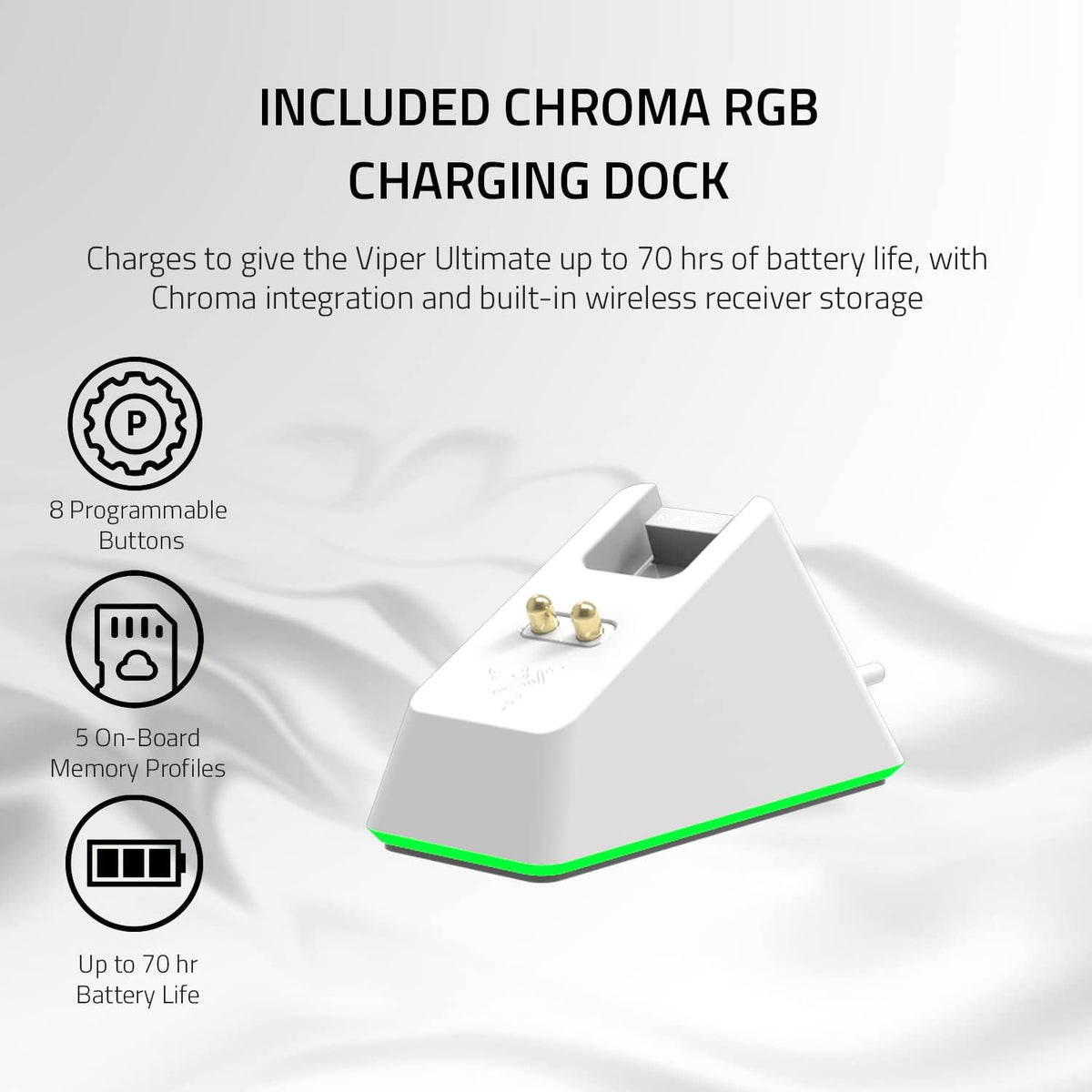 Souris gaming à connectivité sans fil ultra-légère Razer Viper Ultimate et station de charge RGB : Technologie à connectivité sans fil Hyperspeed - Capteur optique 20 000 DPI - Poids plume de 74 g - Autonomie de 70 h - Blanc mercure