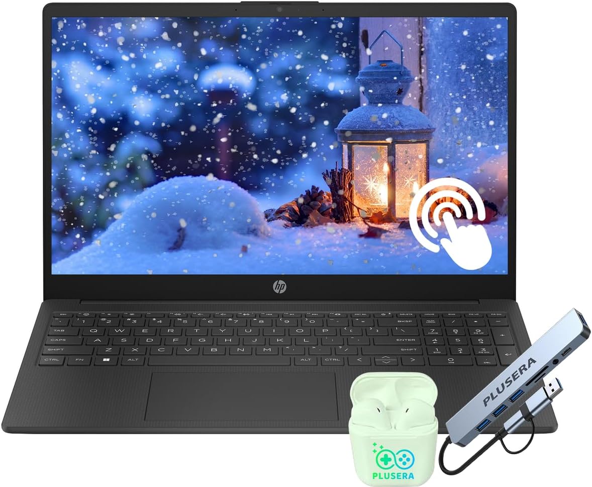 Ordinateur compact portable HP 15,6" FHD tactile, 16 Go de RAM, SSD de 256 Go, processeur AMD Ryzen 7 à 8 cœurs, Windows 11, Copilot, compatible IA, Wi-Fi 6, écouteurs PLUSERA et hub 8-en-1 inclus, noir.