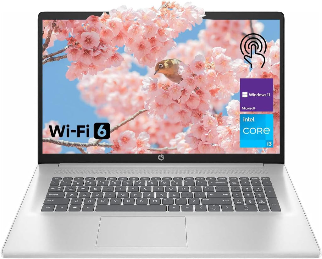 Ordinateur compact portable HP 17,3 pouces pour particuliers, étudiants et professionnels. Abonnement à vie à Office 365 pour le Web. Écran tactile 17,3 pouces. Processeur Intel 8 cœurs avec Copilot. 8 Go de RAM. Disque dur eMMC 128 Go. Cache de