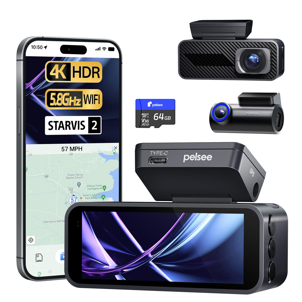 PELSEE P1 Pro 4K Double caméra embarquée doté de vision nocturne et GPS