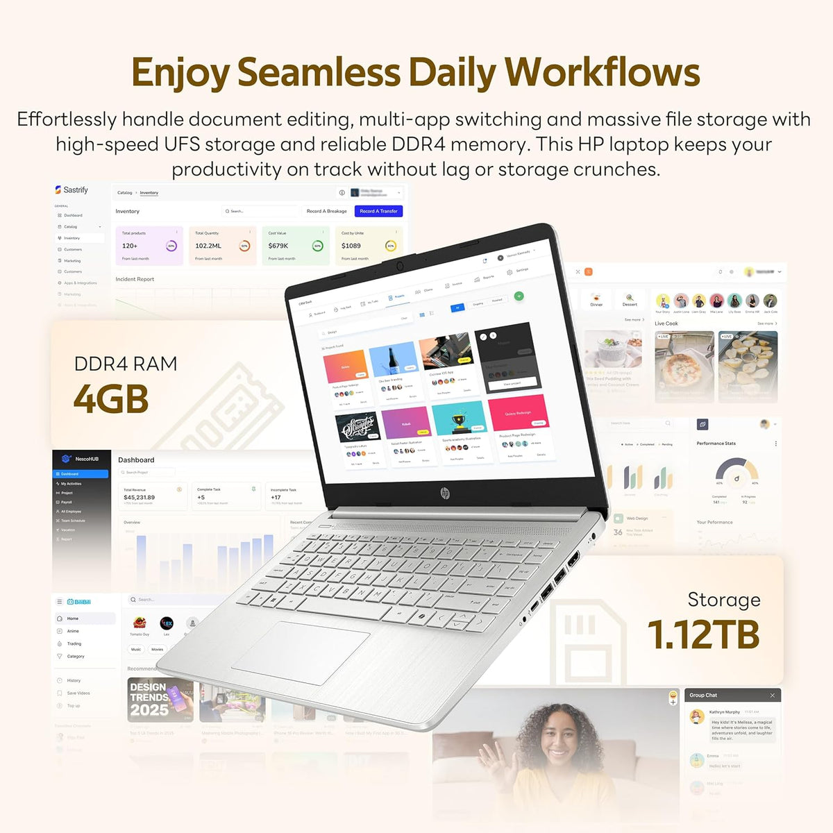 Ordinateur compact portable HP Stream 14 HD avec AI Copilot, processeur Intel N150, 4 Go de RAM, 1,12 To de stockage (128 Go UFS + station d'accueil de 1 To), carte graphique Intel, abonnement d'un an à Office 365, Wi-Fi 6, Windows 11, argent