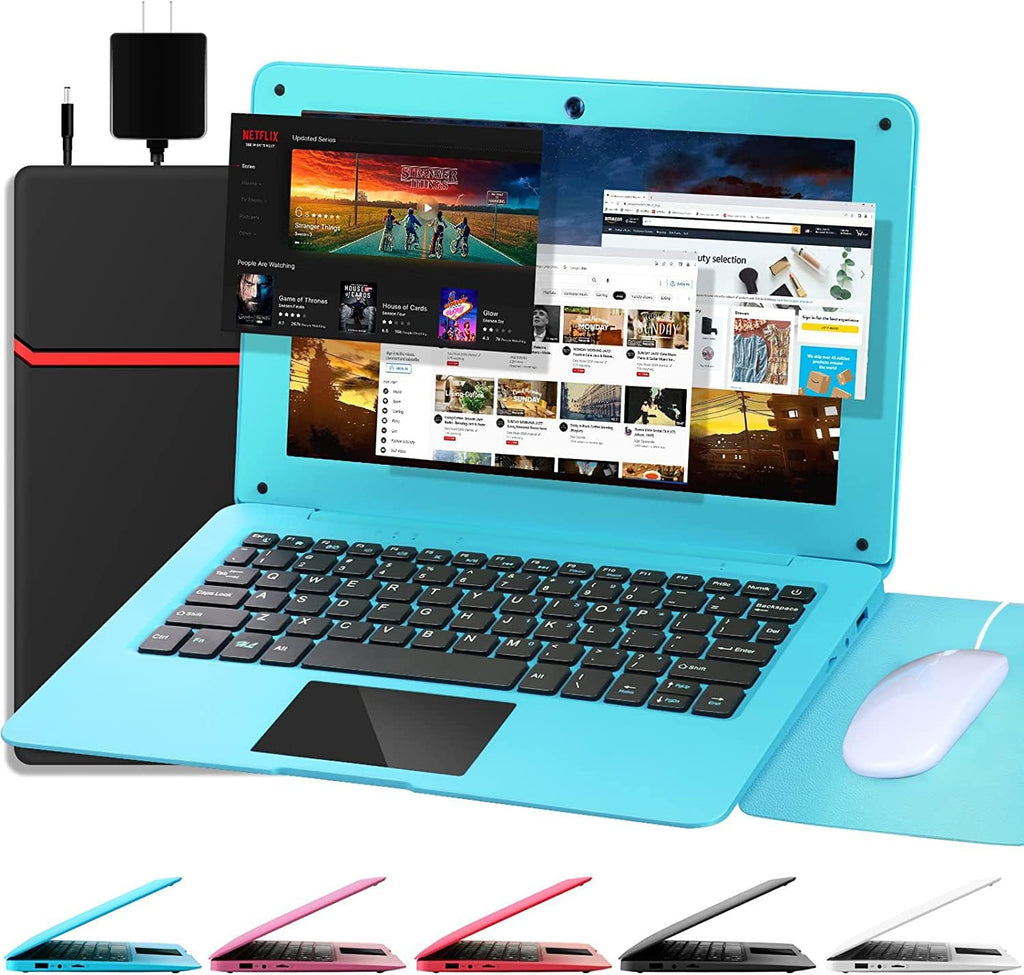 Ordinateur compact portable G-Anica (10,1 pouces), processeur quadricœur sous Android 12.0, netbook avec Wi-Fi, webcam et Bluetooth, mini ordinateur compact portable avec sacoche, souris et tapis de souris pour enfants et adultes (bleu)
