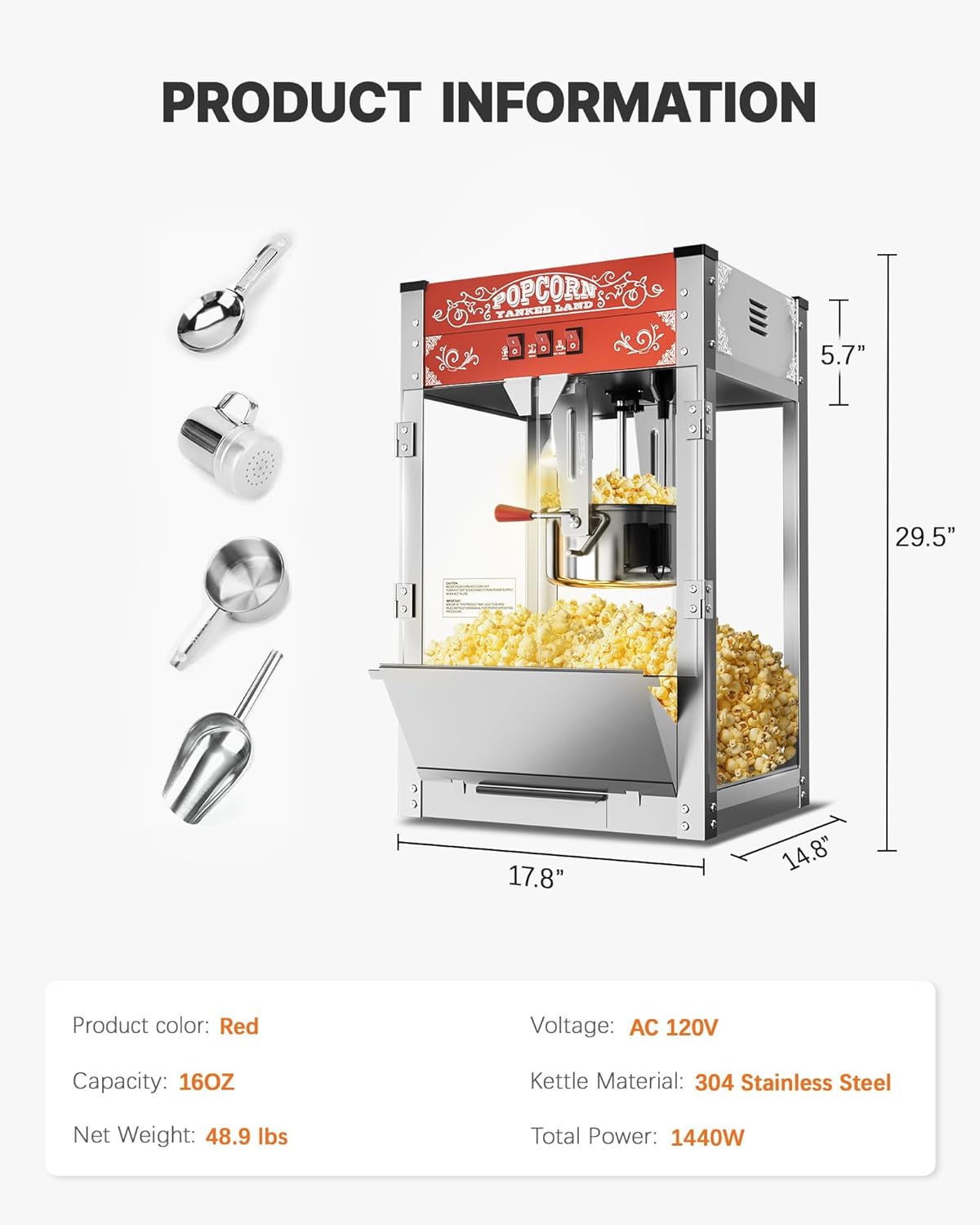 Machine à popcorn commerciale 16 oz, 1440 W, machine à popcorn de cinéma, machine à popcorn de table rouge dotée de commande à 3 interrupteurs et portes en verre trempé à cadre en acier