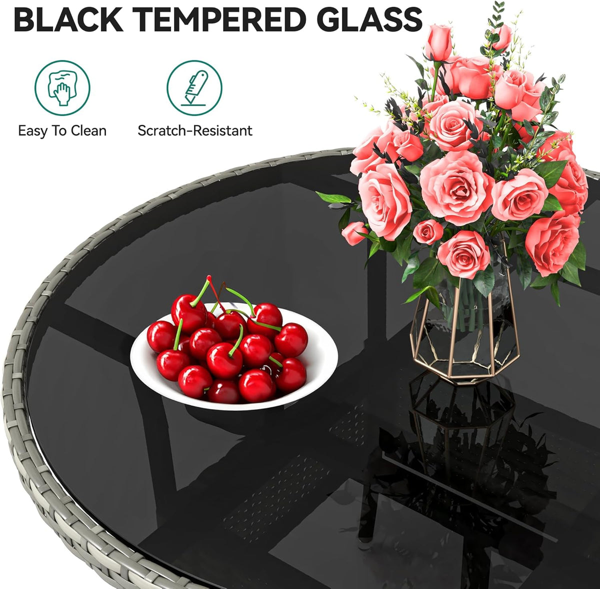 Table de jardin ronde YITAHOME pour 4 personnes, 80 cm de diamètre, dotée de plateau en verre facile à nettoyer. Table bistro ronde en rotin résistant aux intempéries, idéale pour terrasse, porche ou piscine. Couleur : gris.