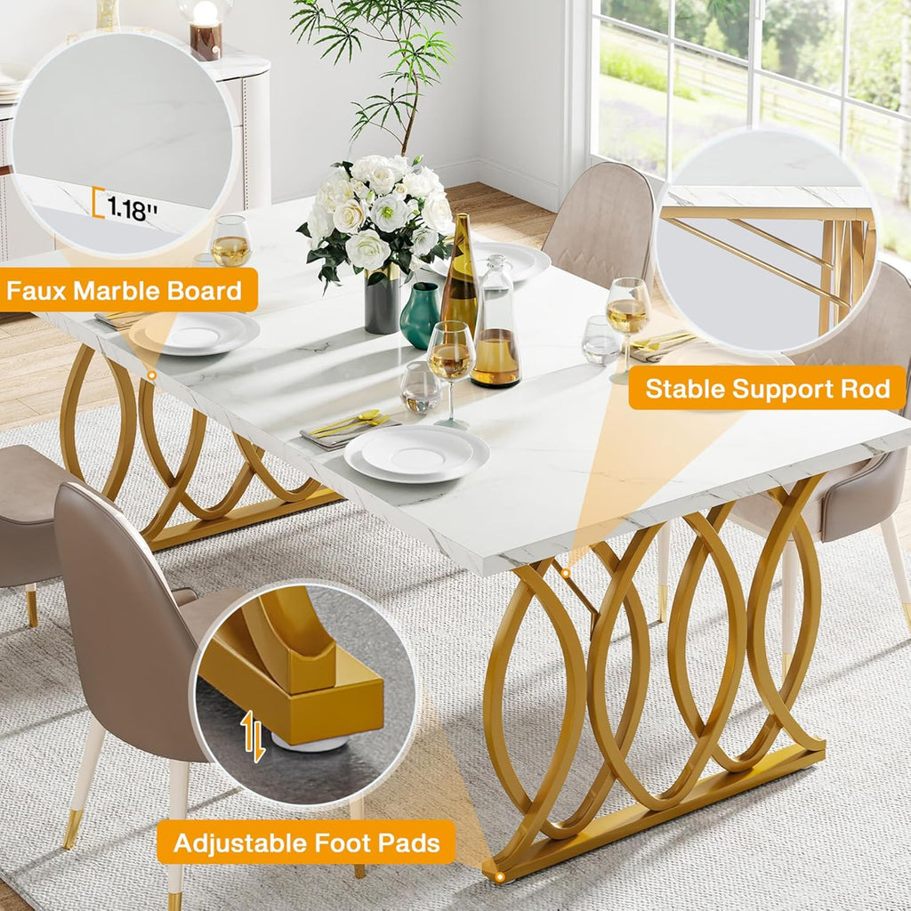 Table de salle à manger moderne Tribesigns, grande table de cuisine de 63 pouces pour 4 à 6 personnes, table rectangulaire unique pour la cuisine et la salle à manger dotée de plateau en faux marbre et pieds géométriques