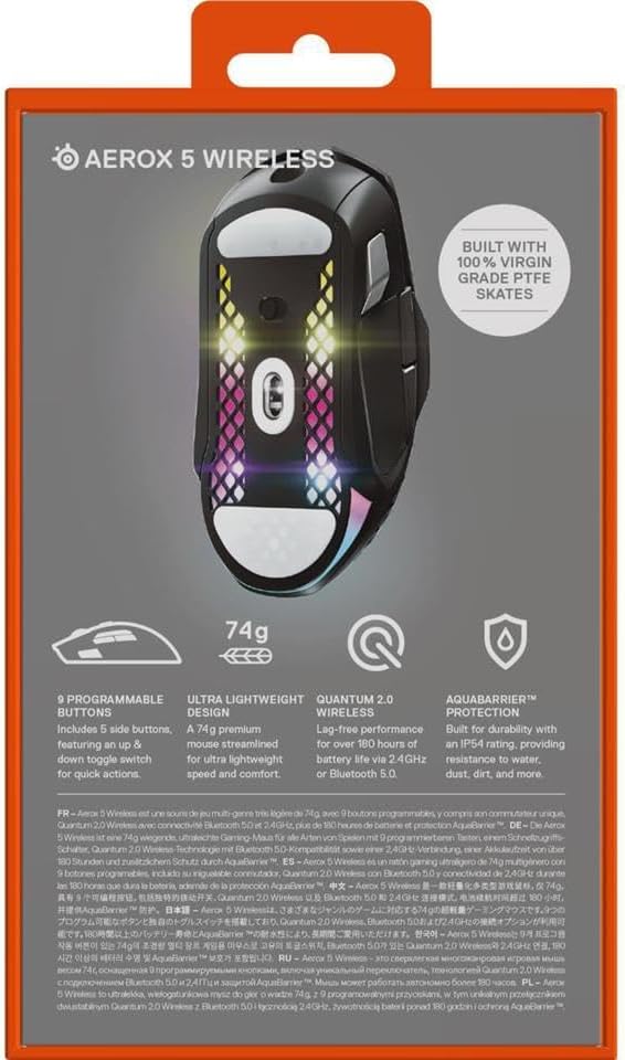 Souris gaming à connectivité sans fil SteelSeries Aerox 5 - RGB perforée - Conception ultra-légère et résistante à l'eau - 9 boutons - Bluetooth/2,4 GHz - Capteur optique TrueMove Air 18 000 DPI