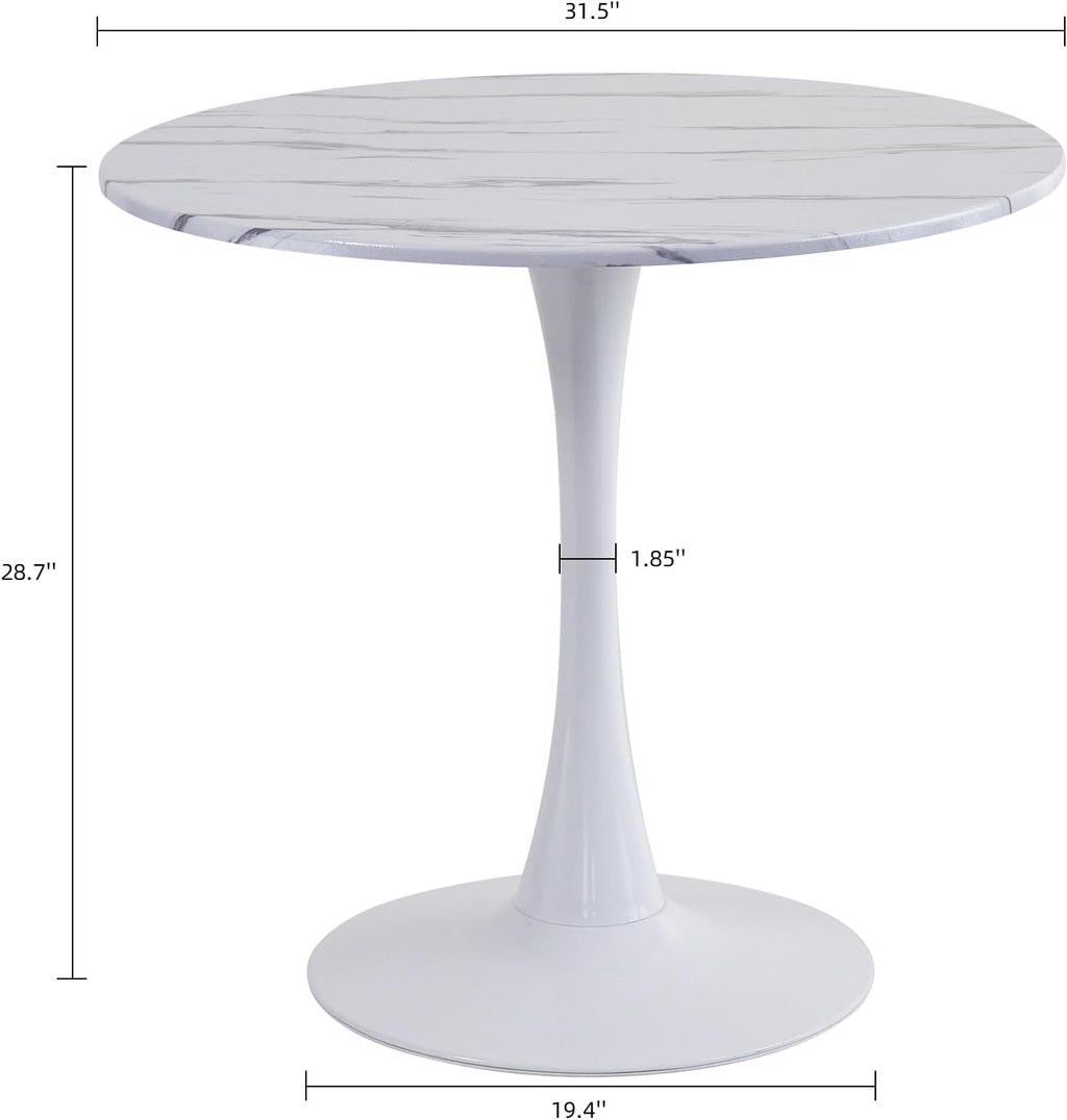 Table de salle à manger ronde, table tulipe circulaire de 80 cm dotée de plateau épais et pied en métal, table bistro moderne du milieu du siècle pour cuisine, petits espaces, salon, café (motif marbre blanc)