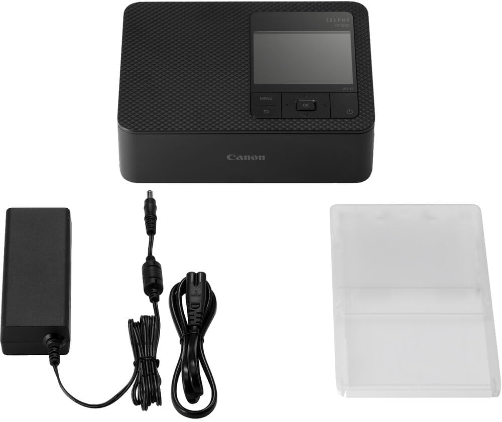 Imprimante photo Canon Selphy CP1500 (noire) doté de papier KP-108 (108 feuilles), 3 cartouches d'encre couleur et chiffon de nettoyage Tudak – Kit d'imprimante au format au format compact à connectivité sans fil à sublimation thermique