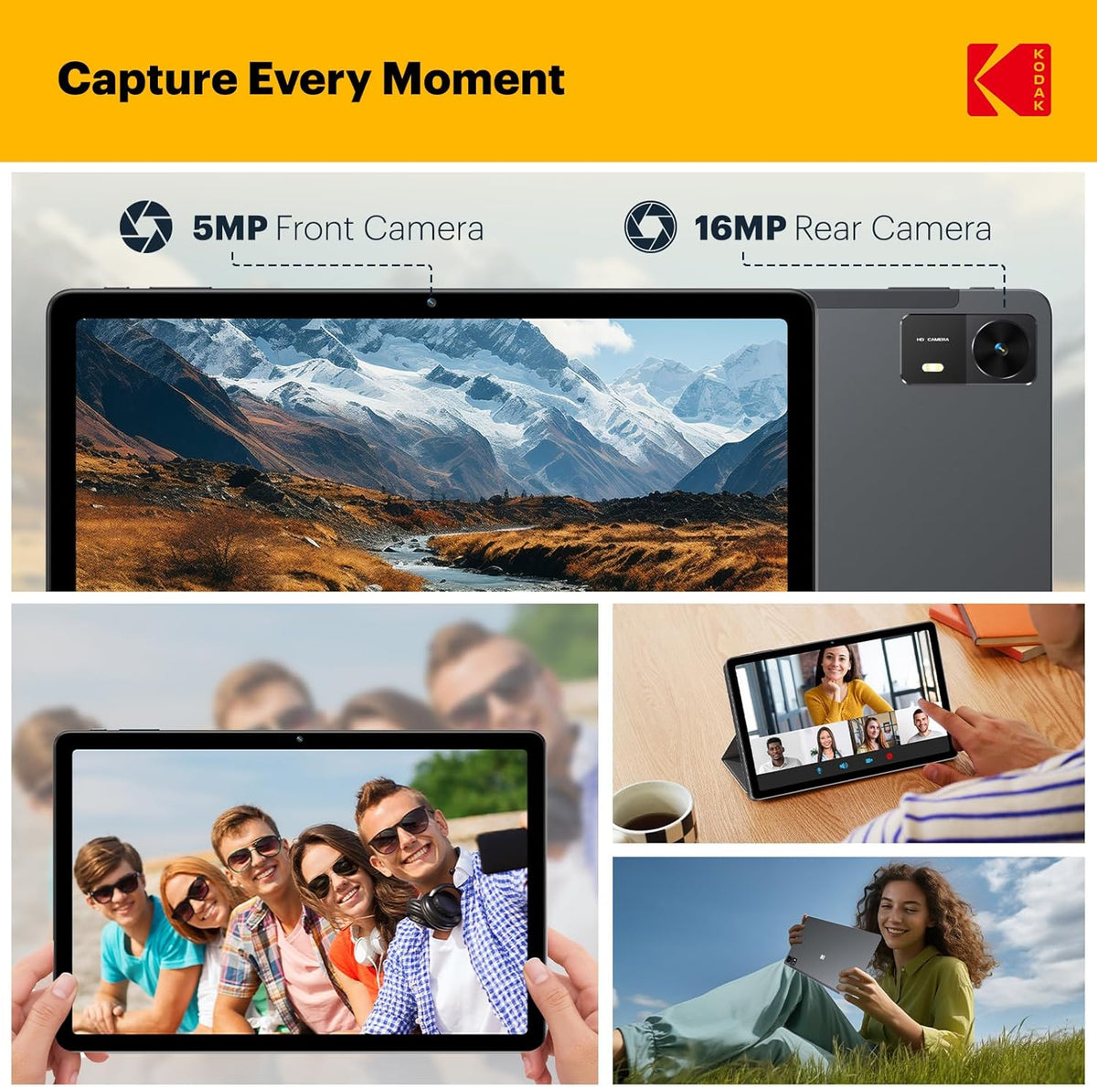 Tablette tactile KODAK K11 Android 15, écran tactile FHD G+G de 10,95 pouces, 12 Go de RAM, 128 Go de stockage (extensible à 1 To), batterie longue durée de 8 000 mAh, quatre haut-parleurs, appareil photo de 16 Mpx, double Wi-Fi, GPS, idéale pour le