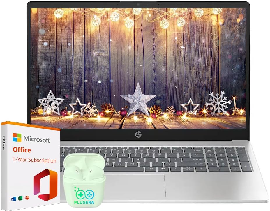 Ordinateur compact portable HP 15,6 pouces avec Microsoft Office 365 inclus, processeur Intel quadricœur, 16 Go de RAM, SSD de 128 Go, Windows 11, écouteurs PLUSERA, argent naturel