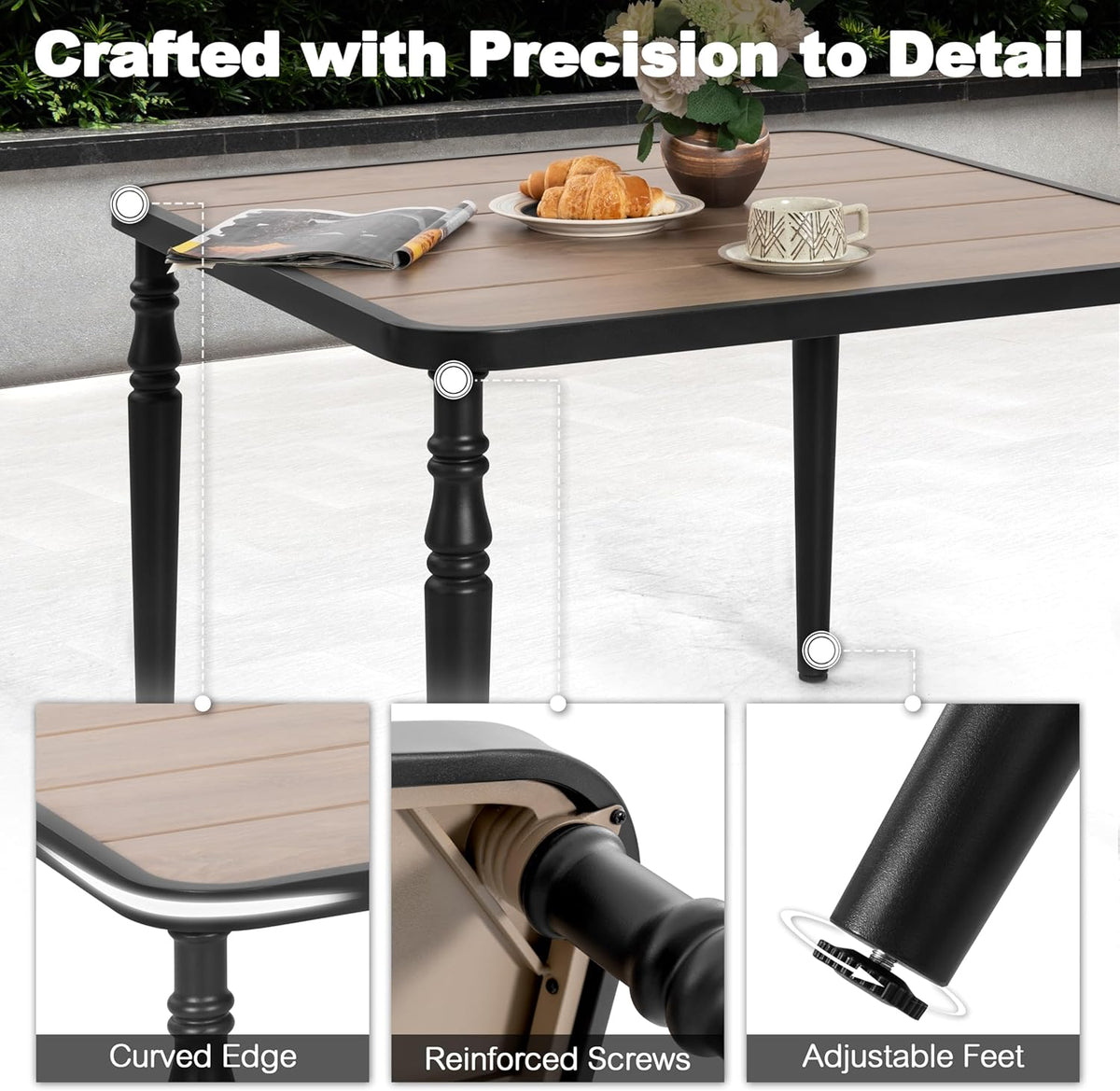 Table de salle à manger carrée d'extérieur NUU GARDEN 37, table en métal dotée de trou pour parasol, plateau imitation bois, résistante aux intempéries, idéale pour le jardin, la cour, la terrasse et la pelouse.