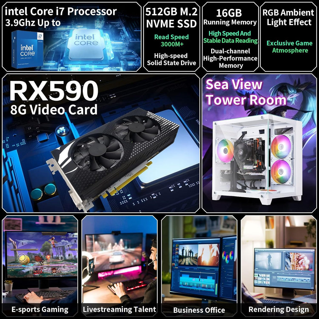 PC de bureau gaming pré-assemblé, processeur Intel Core i7 cadencé à 3,4-3,9 GHz, carte graphique RX590 doté de 8 Go de mémoire vidéo GDDR5, 16 Go de RAM, SSD de 512 Go, Wi-Fi 5.0, 4 ventilateurs RGB