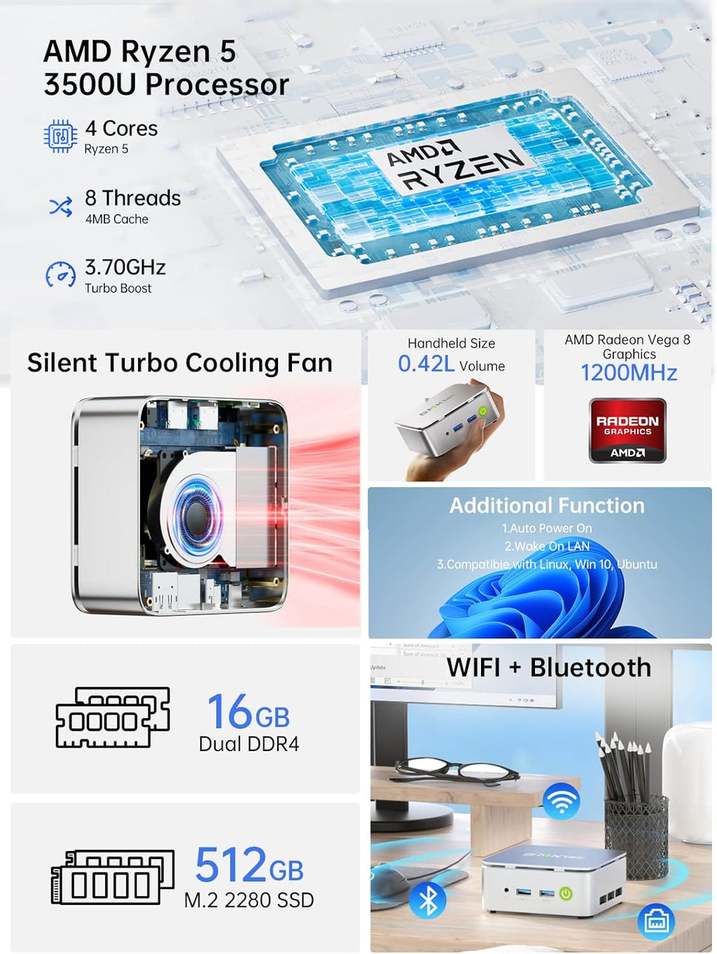 Mini PC GMKtec G10 Ryzen 5 3500U (Plus performant que les N150/4300U/3200U) 16 Go de RAM, SSD de 512 Go, carte réseau 2,5 GbE, adapté à le bureau, la maison ou les petites entreprises (HTPC), triple écran 4K, Wi-Fi, Bluetooth, USB-C, DisplayPort…