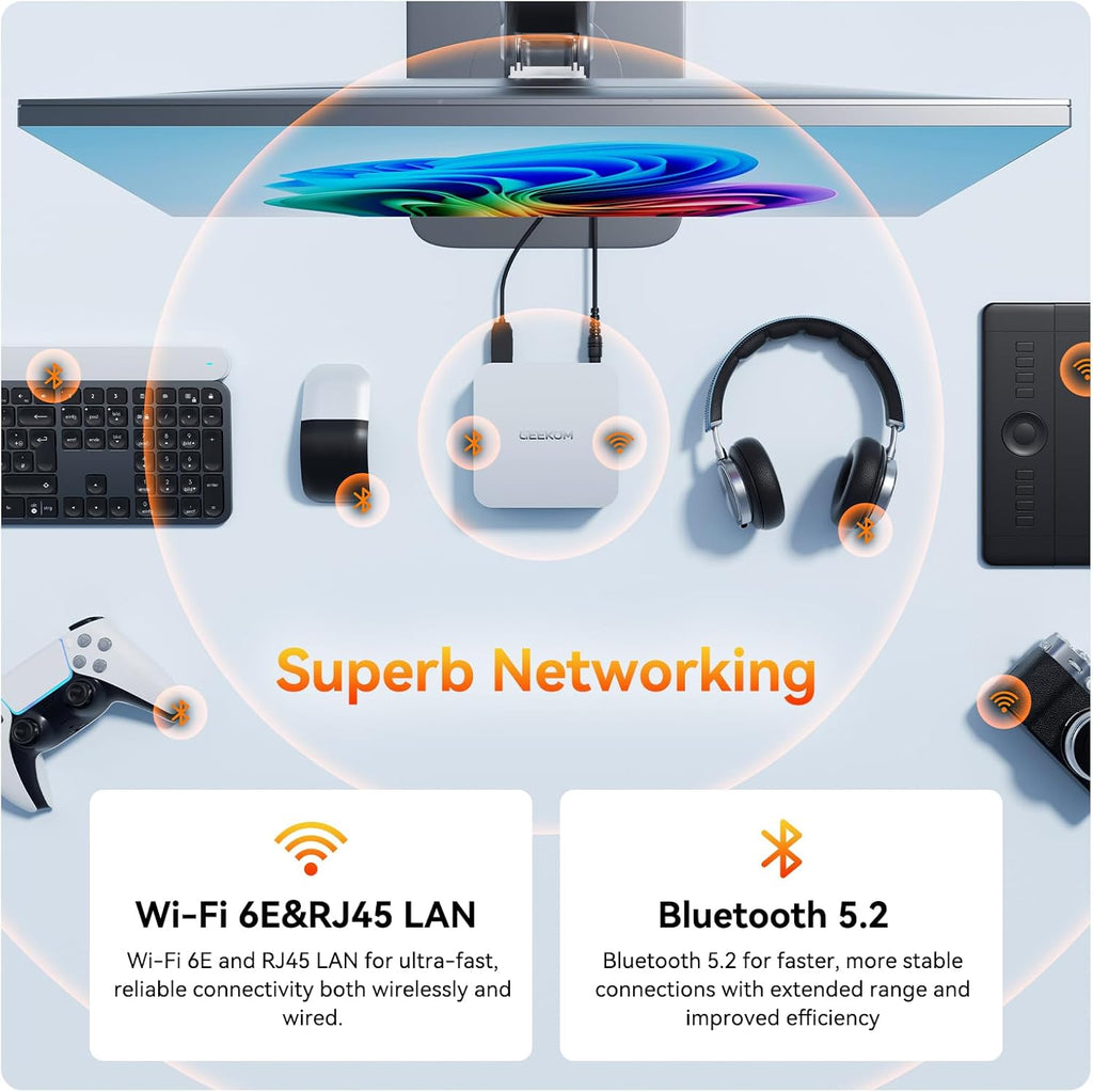 Mini PC GEEKOM A6 doté de processeur AMD Ryzen 7 6800H, 16 Go de RAM DDR5 (extensible, non LPDDR), SSD NVMe PCIe 4.0 de 1 To, design au format compact en aluminium, Windows 11 Pro, ports USB 4.0/8K/Wi-Fi 6E/Bluetooth 5.2 et lecteur de carte SD.