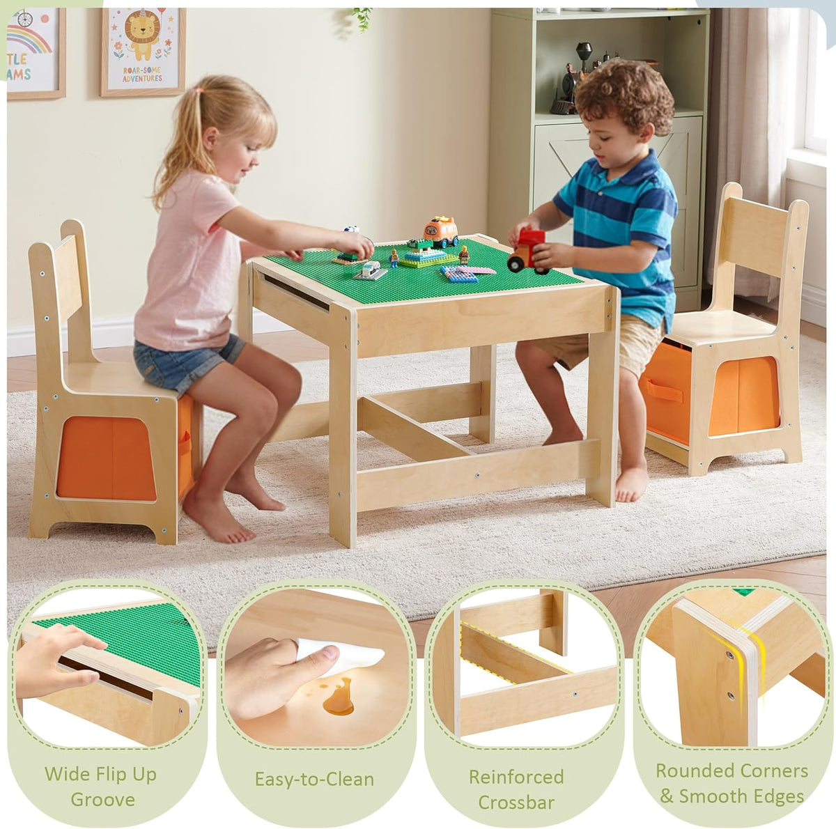 Ensemble table et chaises en bois pour enfants, table d'activités 3 en 1 dotée de tiroir de rangement, table de jeu modulable 2 en 1 avec plateau détachable pour dessiner et lire