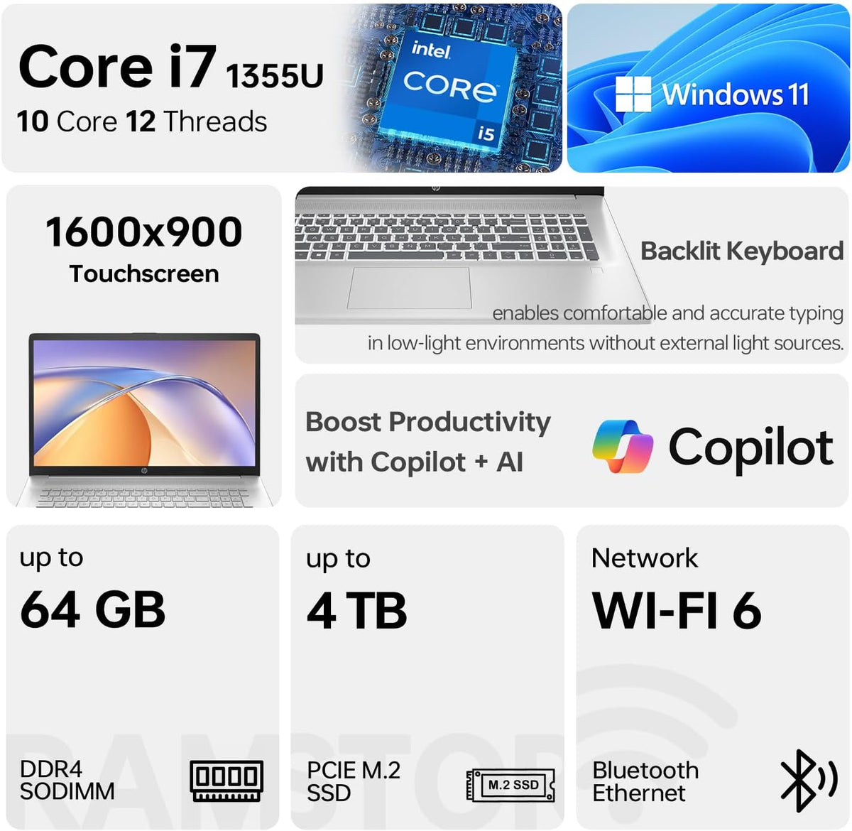 Ordinateur compact portable HP 17 : écran tactile HD+ de 17,3 pouces, processeur Intel Core i7-1255U, 32 Go de RAM, SSD de 1 To, webcam, HDMI, clavier rétroéclairé, Wi-Fi, Windows 11 Famille, couleur argent.