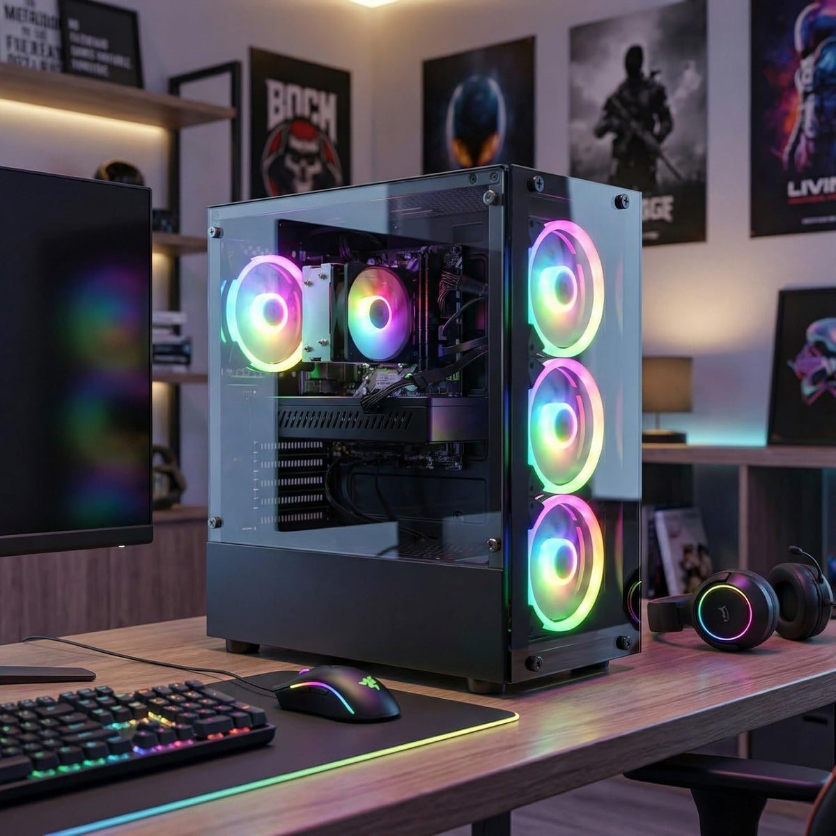 Ordinateur de bureau gaming STGAubron : processeur Intel Core i7-6700 allant jusqu'à 4 GHz, carte graphique GeForce RTX 2060S 8 Go, 32 Go de RAM DDR4, SSD de 1 To, Wi-Fi 6, Bluetooth 5.0, 4 ventilateurs RGB, Windows 11 Famille.